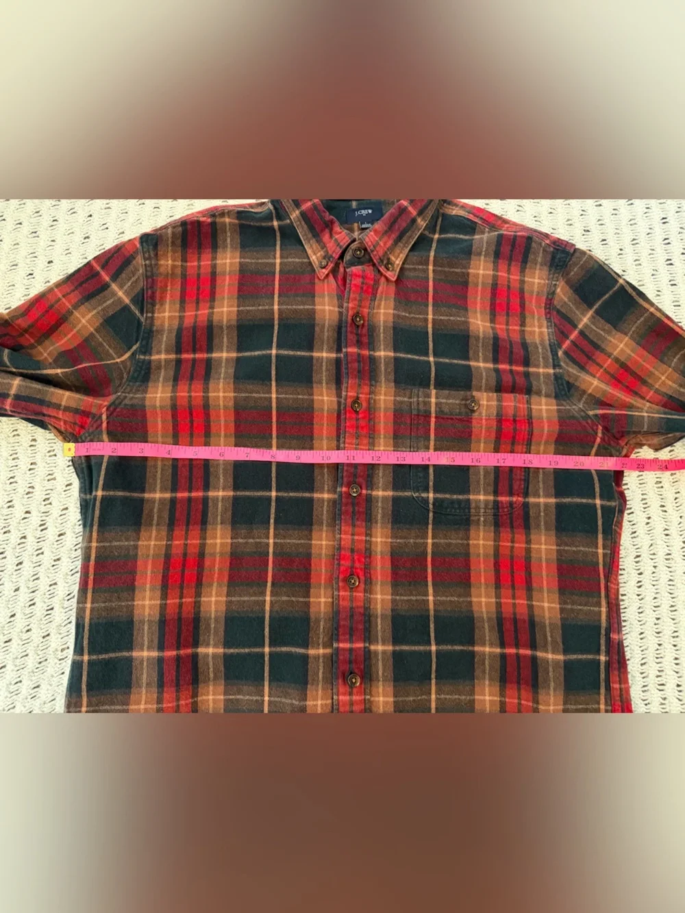 J.Crew EUC Cozy Red Green Plaid Elbow Patch Button-Down Long Sleeve Men’s Size L